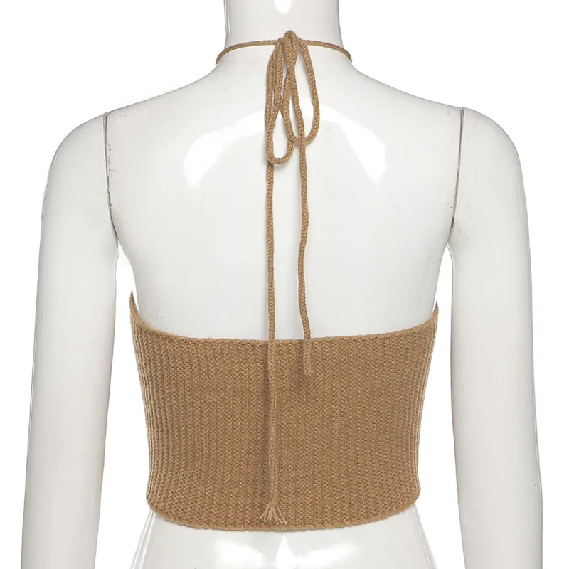 

YICIYA 2021 White Knit Summer Halter Neck Crop Top Women Brown Sexy Off Shoulder Backless Bandage Green Khaki Tank Tops Party