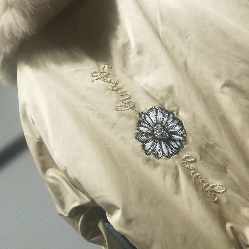 

Thick Warm Women Coat Winter Parka Real Fur Denim Jacket Chrysanthemum Pattern Fox Fur Inner Plus Size Female Outerwear