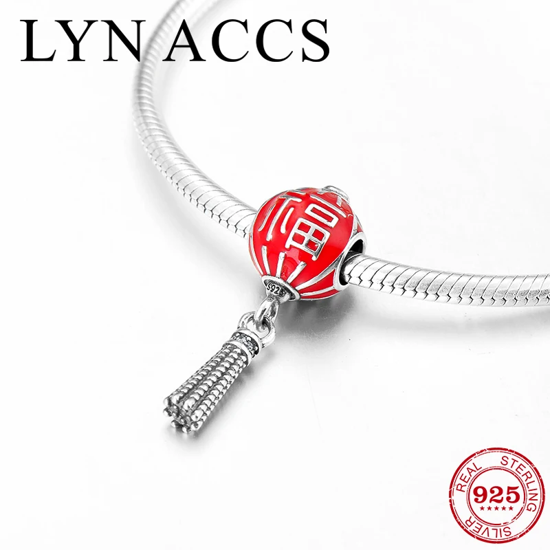 Настоящий 925 пробы серебряный китайский Fu Blessing красный фонарь эмалированные