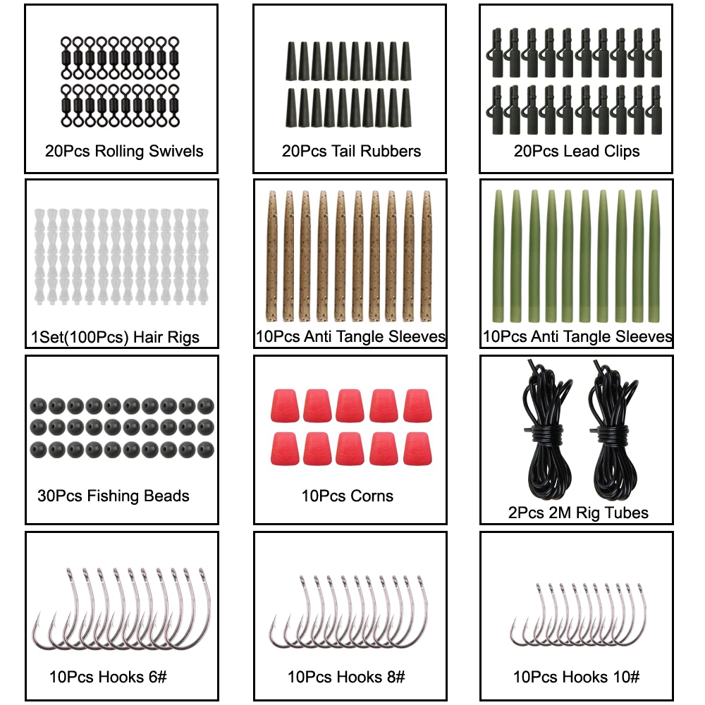 252 шт/коробка снастей для карповой рыбалки, включая защитные рукава от запутывания лески, качающиеся крючки, безопасные грузила, бисер и приманки из кукурузы.