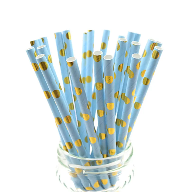 

200 pcs Metallic Gold Foil Polka Dot Light Blue Paper Straws-Kids Boy Baby Shower Wedding Birthday Party Drinking Disposable
