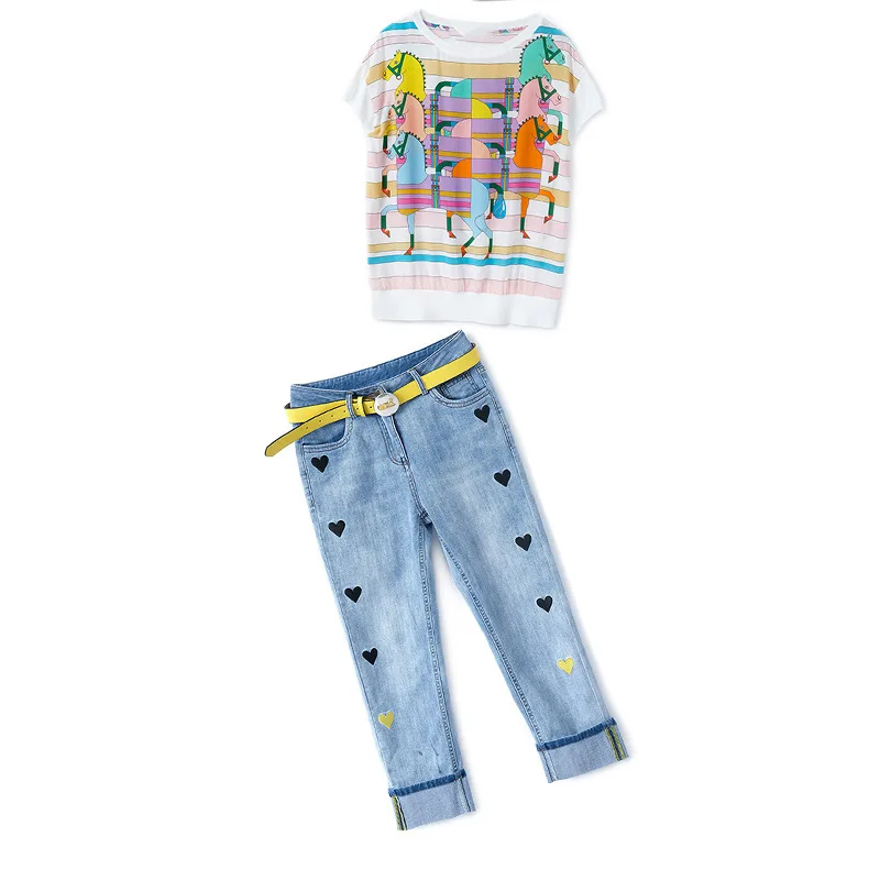 

Harajuku Cartoon Print Top T Shirt + Casual Heart Embroidery High Waist Jeans Pants Suit Women 2021 Summer Streetwear Plus Size