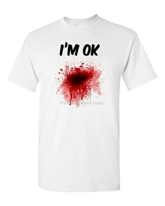 Взрослая белая футболка с надписью I'm Ok Was Shot Zombie Outbreak Gin Blood Bullet забавная юмором
