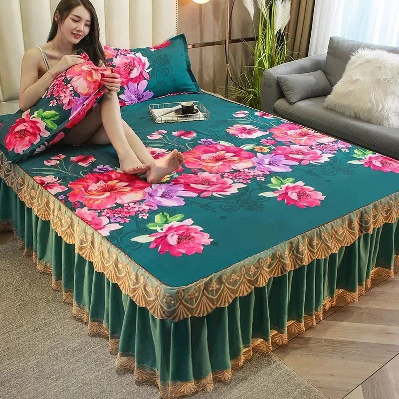 

Luxury Bohemia Jacquard Bedspread Quilted Bed Skirt King Size Bed Protector Cover With 2pcs Pillowcase Bed Skirt 3pcs Set J028