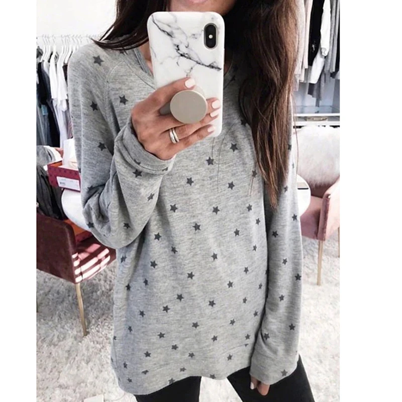 

2021 Women T-Shirt Basic Long Sleeve Star Print Loose Plus Size S-5XL Casual O-Neck Ladies Spring Autumn Streetwear Fashion Tops