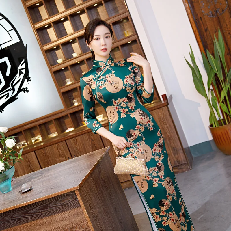Женская Китайская одежда атласное шелковое Cheongsam китайский стиль Элегантное