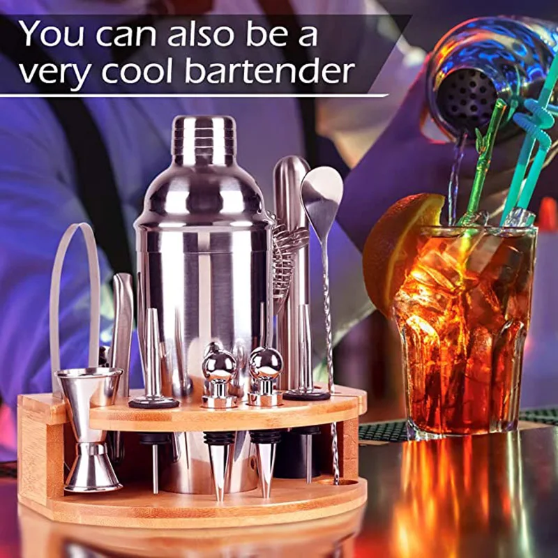 

12pcs/set Bartender Kit with Stand Stainless Steel Cocktail Shaker Set Martini Shaker Jigger Strainer Bar Mixer Spoon E2S