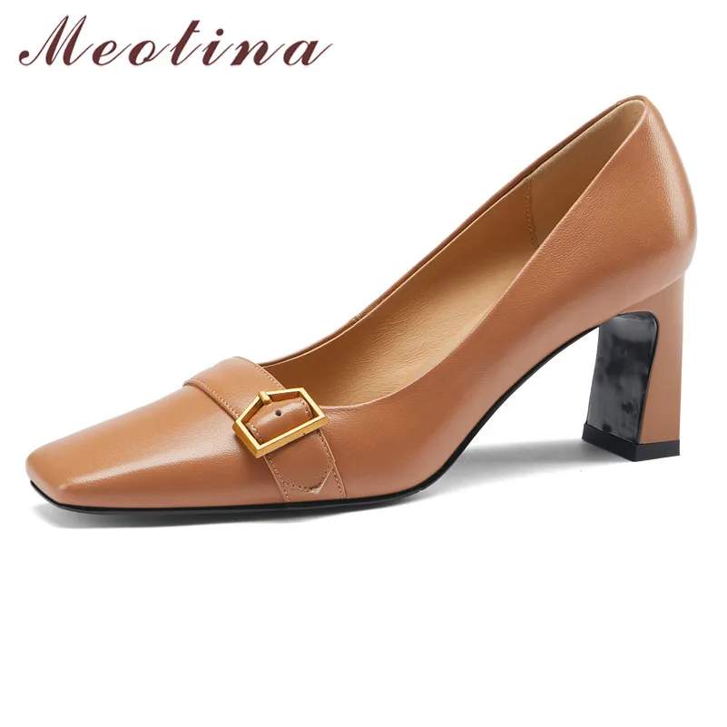 

Meotina Natural Genuine Leather High Heel Shoes Buckle Chunky Heels Pumps Women Square Toe Shoes Shallow Party Footwear Apricot