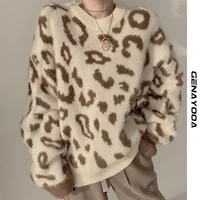 genayooa o neck leopard sweater women long sleeve korean style pullover ladies jumpers chic sweaters 2021 autumn winter fashion