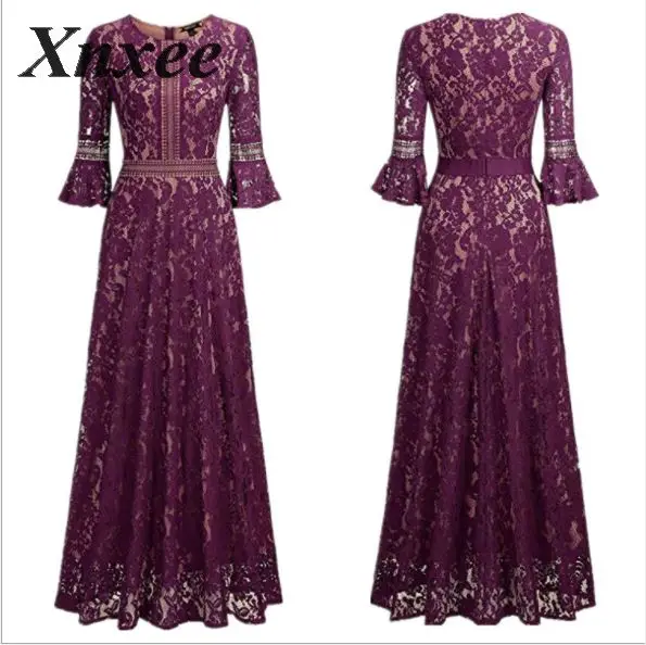 Женское элегантное осеннее Новое Кружевное Свободное длинное тонкое платье Vestido de novia - Цвет: Фиолетовый