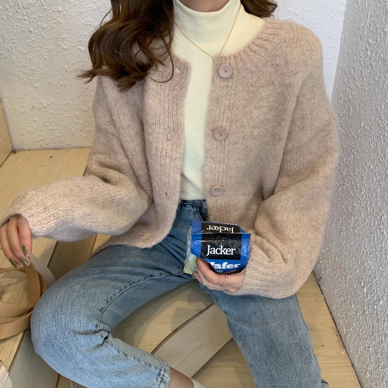 

Women New Soft Knit Cardigan Sweater Spring Autumn Loose Short Knitted Coat Solid color O-neck Casual Long sleeve Female coats