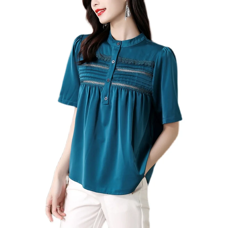 

COIGARSAM 3XL Plus Size Loose Shirt Womens tops New Summer Hollow Out Women shirts Peacock Blue 7036