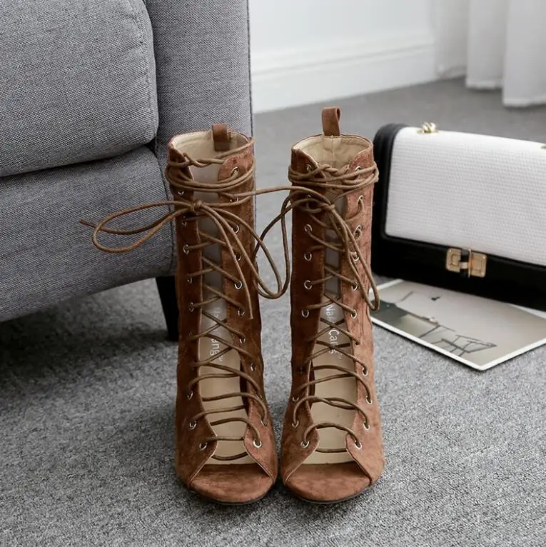 2020 New Ankle Boots For Women Peep Toe Lace-Up Cross-tied heel Pumps Roman Bootas Sandals Brown Black | Обувь