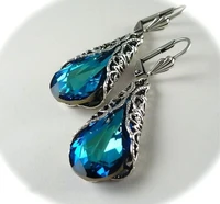 shining women waterdrop cut blue stone floral dangle earrings for women silver color antique party engagement earrings jewelry