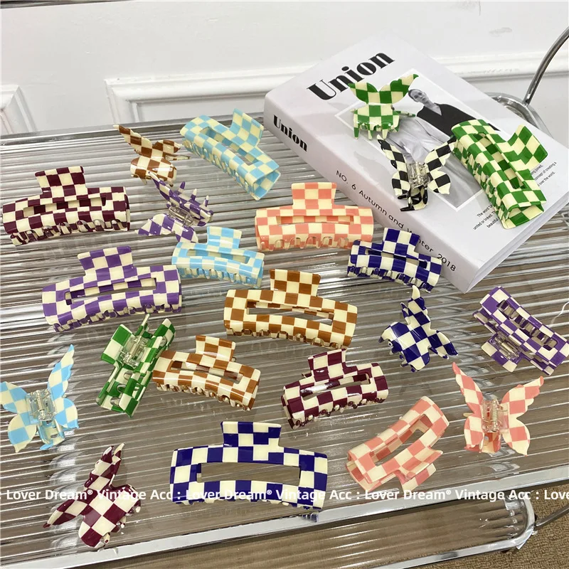 

New Acetate Hair Claw Clips Checkered Grid Plaid Clamps Geometric Rectangle Butterfly Shark Clip Big Size Grab Women Accessories