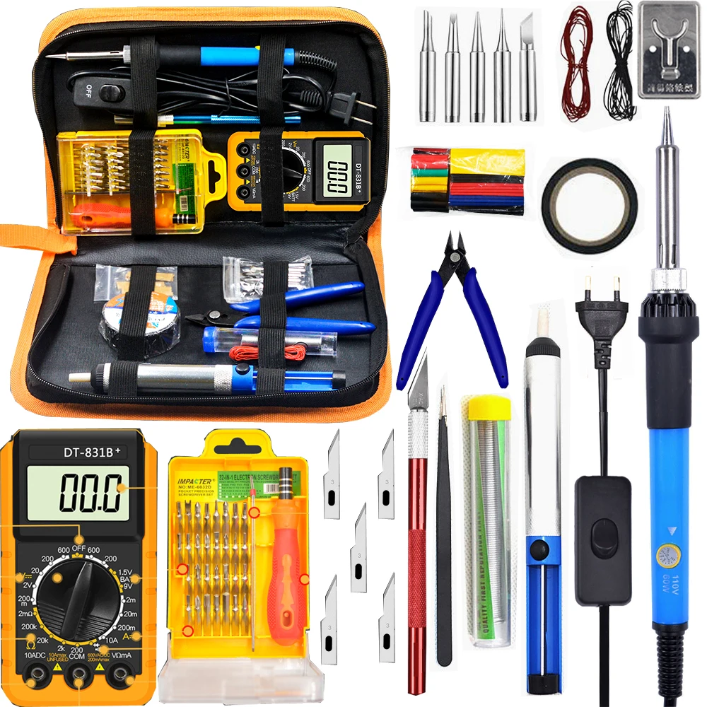 

60W with Switch Adjustable Temperature electric soldering iron Kit 220V 110V Digital Multimeter Soldering Tips Solder Wire Tool