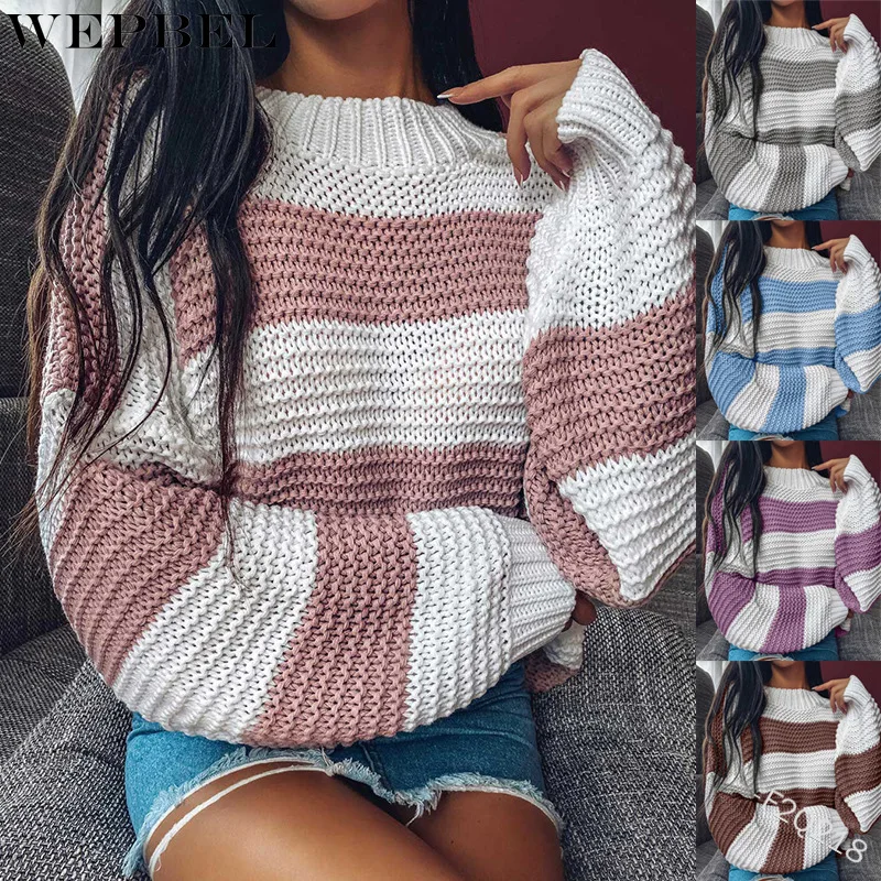 

WEPBEL Sweater Women's Casual Striped Patchwork Knitting Sweater Spring Autumn Long Sleeve O-Neck Loose Pullover Sweater