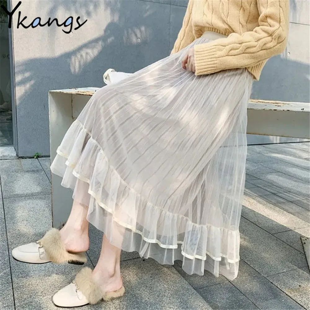 Юбка-пачка Женская плиссированная средней длины Длинная черная сетчатая юбка из