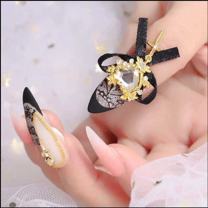 

50pc 3DNail Art Alloy Bow Love Alloy Rhinestone Cross Jewelry 2Colors=White/Clear AB Nail Decoration Heart-Alloy With Black-Bow