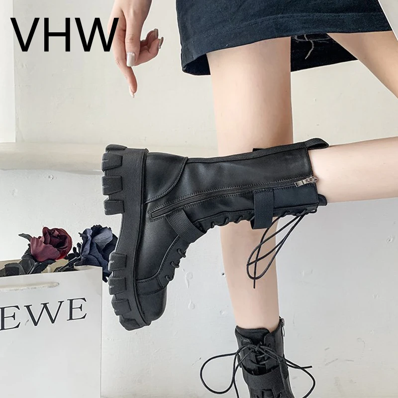 

Women Boots 2021 Autumn Winter Punk Gothic Shoes Platform Black Leather Buckle Strap zipper Women Fashion Combat Ankle Boots