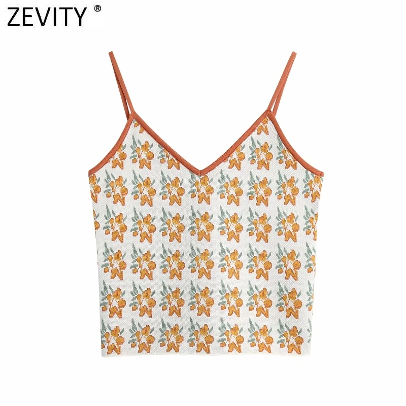 

Zevity New Women Fashion V Neck Flower Print Slimming Knitted Sling Sweater Femme Spaghetti Strap Short Vest Chic Crop Tops S515
