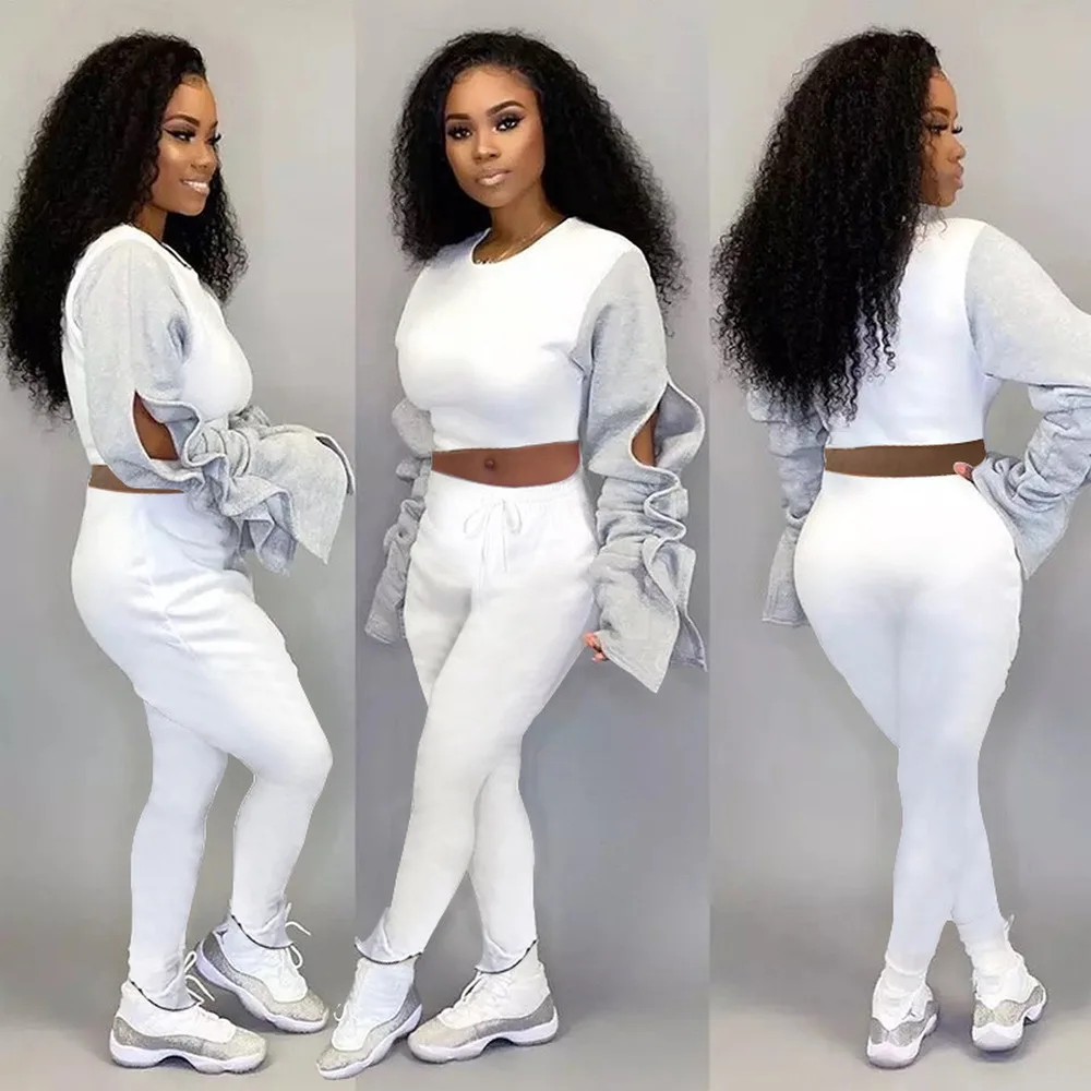 Осенне-зимний теплый флисовый комплект из 2 предметов, спортивный костюм, женский комплект, Короткая Толстовка с пышными рукавами и оборкам...