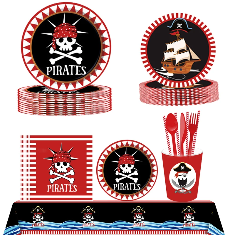 

Pirate Paper Plate Cup Napkin Straw Tablecloth Gift Bag Kids Happy Birthday Party Decoration Disposable Tableware Supplies