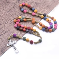 new colored rose bead cross rosary bead necklace christ jesus religious handmade christian prayer jewelry accessories party gift