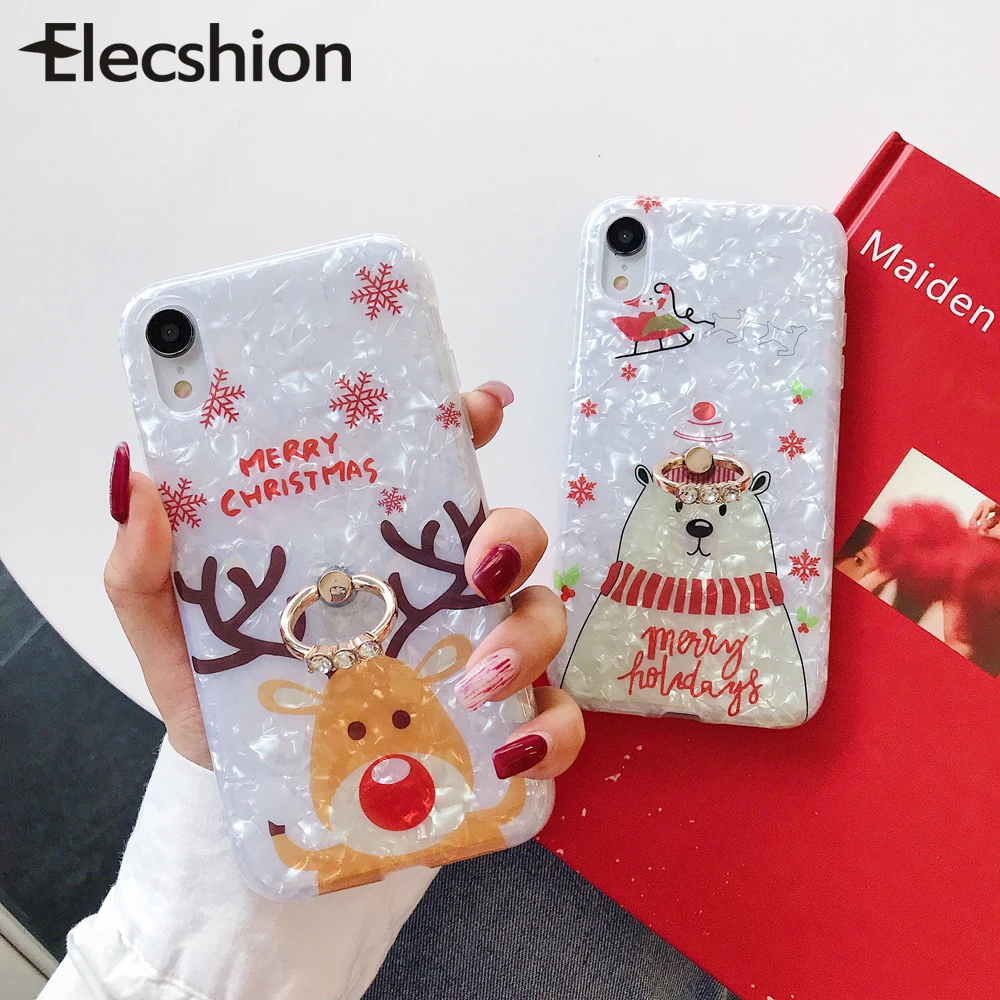 Marble Christmas Phone Case For iPhone 11 Pro X XR XS Bear Elk Cover With Finger Ring 7 8 Plus Stand |