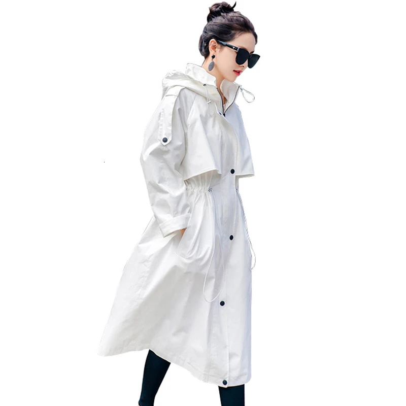 Women 2019 White Autumn Trench Coat Comfortable Windbreaker Girls Long Simple Jacket Hooded Loose Fashion Office Outerwear L15