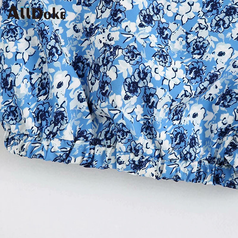 

ALLDOKE blue floral print women blouse summer strap sleeveless ruffles crop tops shirt mujer vintage ladies blouses blusas