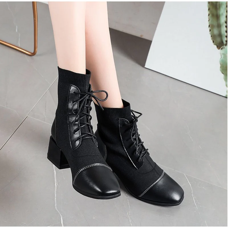 

Новинка 2021, модные стильные трендовые ботильоны, женские туфли-лодочки, вязаные, на шнуровке, с квадратным носком, на массивном каблуке, модн...