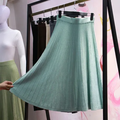 

HLBCBG Vintage elegant Winter Women sweater skirt Elastic High Waist Pleated Midi knitted Skirt A-line female solid thick Skirts