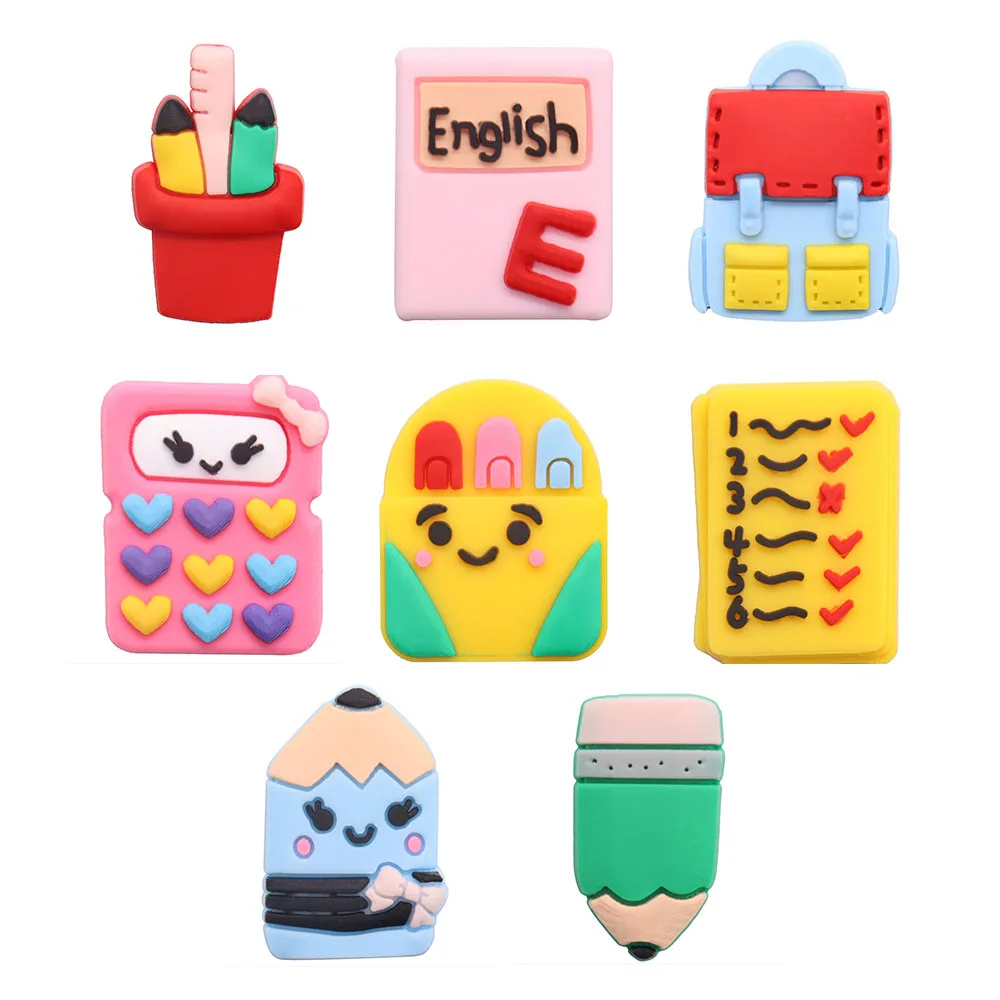 

8PCS PVC Cartoon Fridge Magnetic Sticker Kawaii Homework Pencil School Bag English Stationery Heart Bow Refrigerator Magnets