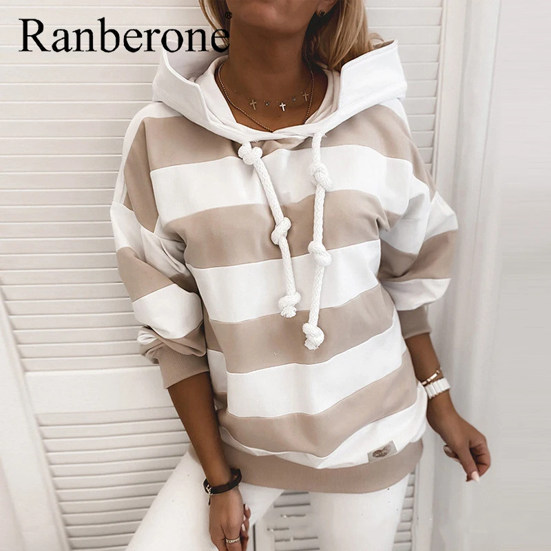 Fashion Women Hoodies Striped Colorblock Loose Hoodies Drawstring Clothes Long Sleeve Hooded Sweatshirt Female Plus Size 2020