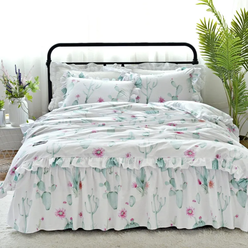 

100% cotton Plant Bonsai print cactus bedding set queen King quilt duvet cover bed skirt pillowcase white bedclothes 3/4pcs sets