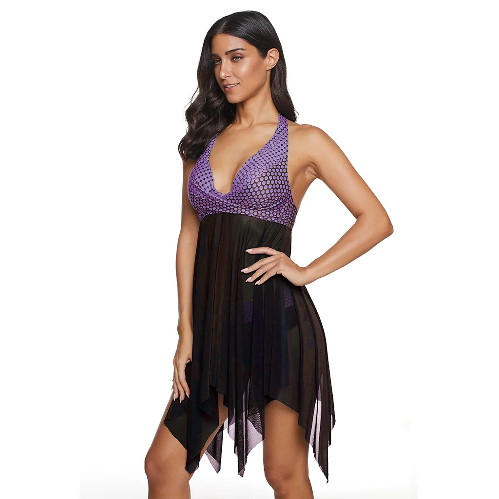 Женский купальник купальный костюм из двух частей размера плюс в горошек