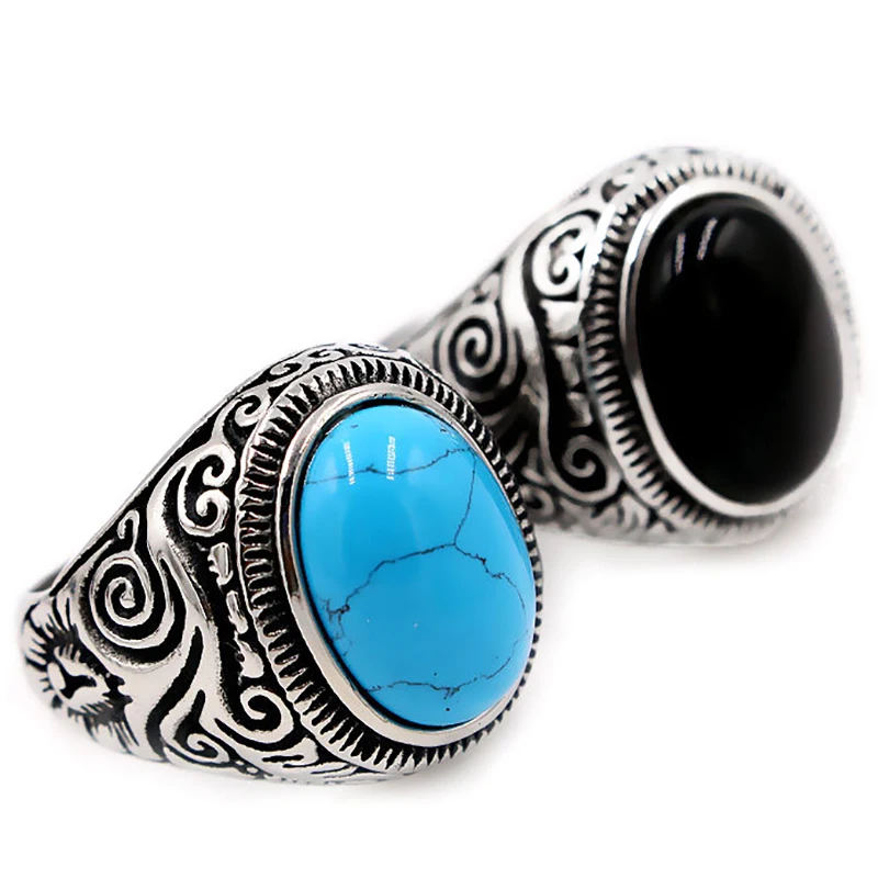 

Natural Oval Opal Green Stone Ring 316L Stainless steel steam ram Men Women punk ring man Band gothic rings Jewelry Gift