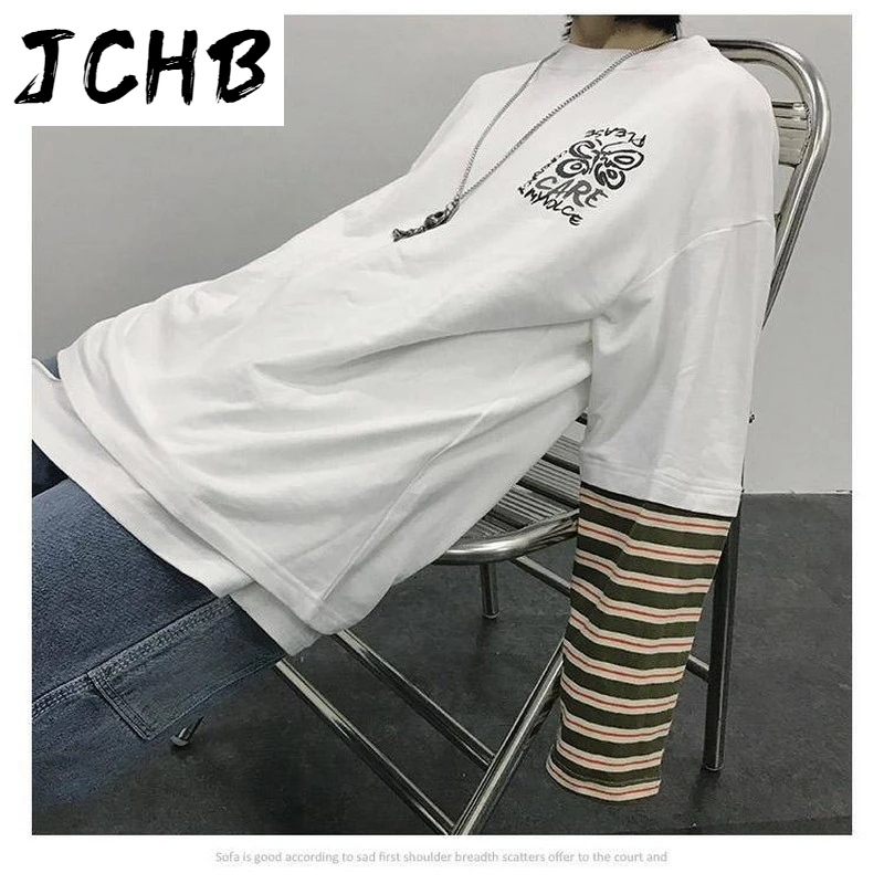 

2021 Streetwear Fake 2pcs Tee Stripe t Shirt Women Clothes Print Harajuku Couples T-shirt O-neck Black White M-3xl Long Sleeve T