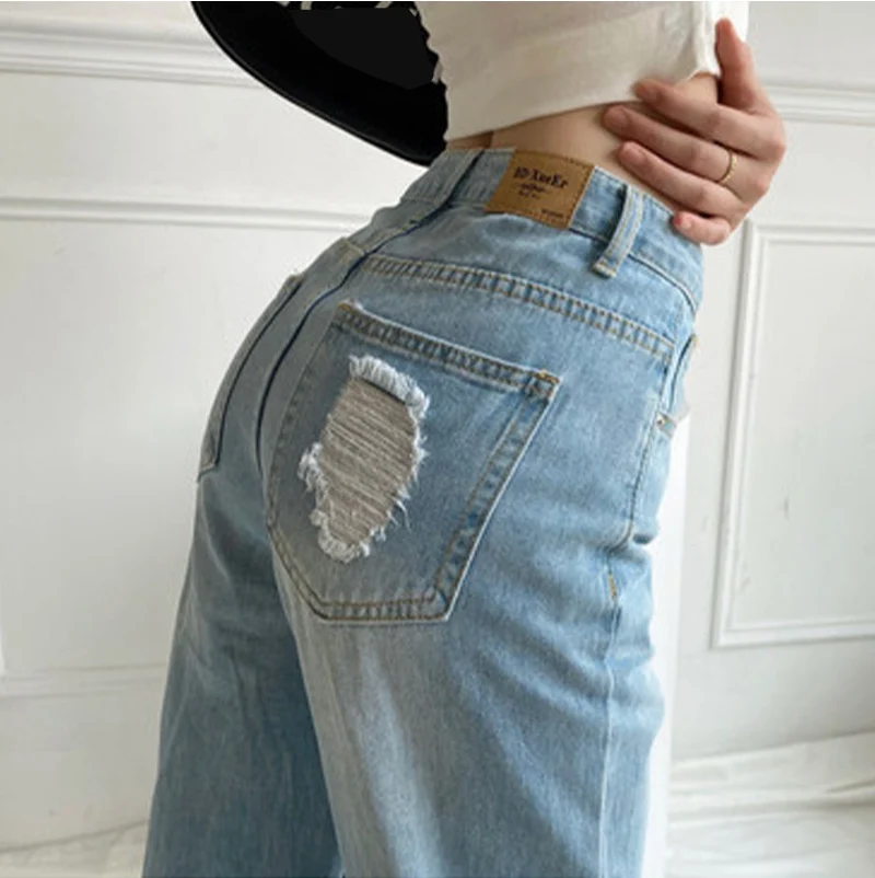 

Women's Hole High Waist Wide Leg Jeans Lady Fashion Casual All-match Extended Version Pants Female 2021 Korean Loose Trousers