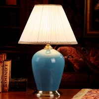 ceramic gemstone blue vase e27 table lamp copper led bedroom bedside desk light white cloth chinese living room decor fixture