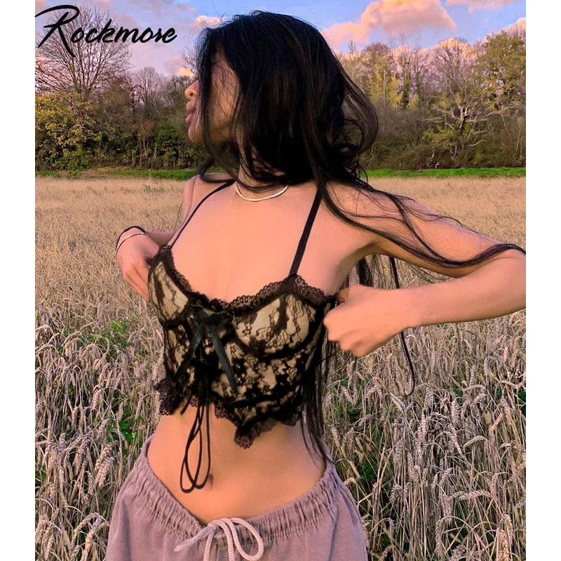 Rockmore кружева Y2K эстетическое кроп топы для женщин топ на бретелях без рукавов с