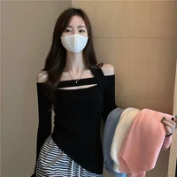design sense one shoulder top knit sweater womens autumn 2021 korean version solid color wild slim slimming bottoming t shirt
