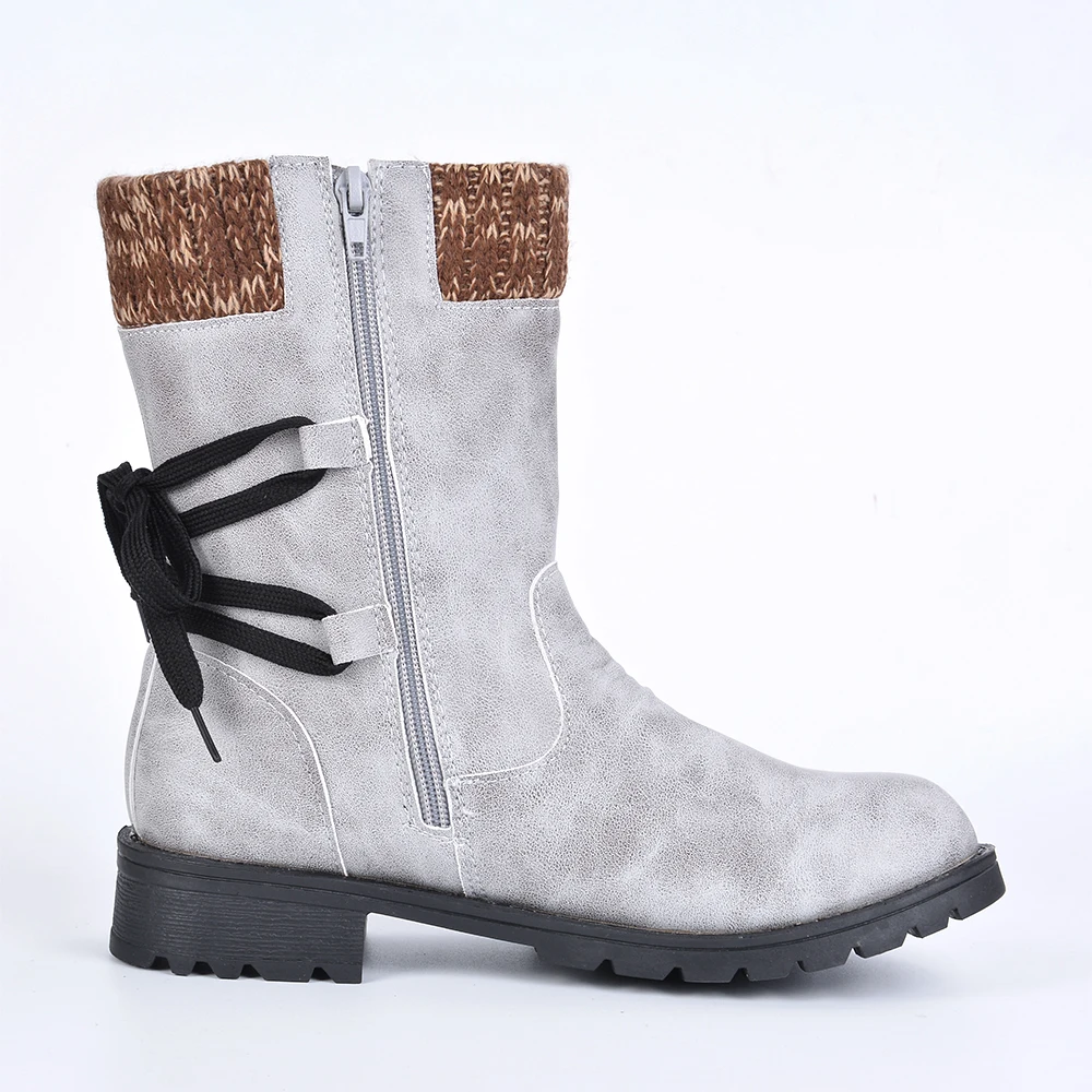 Puimentiua Winter Shoes Women Boots Basic Mid-Calf Boots Round Toe Zip Platform Decor Female Shoes Warm Lace Up Boots Shoes