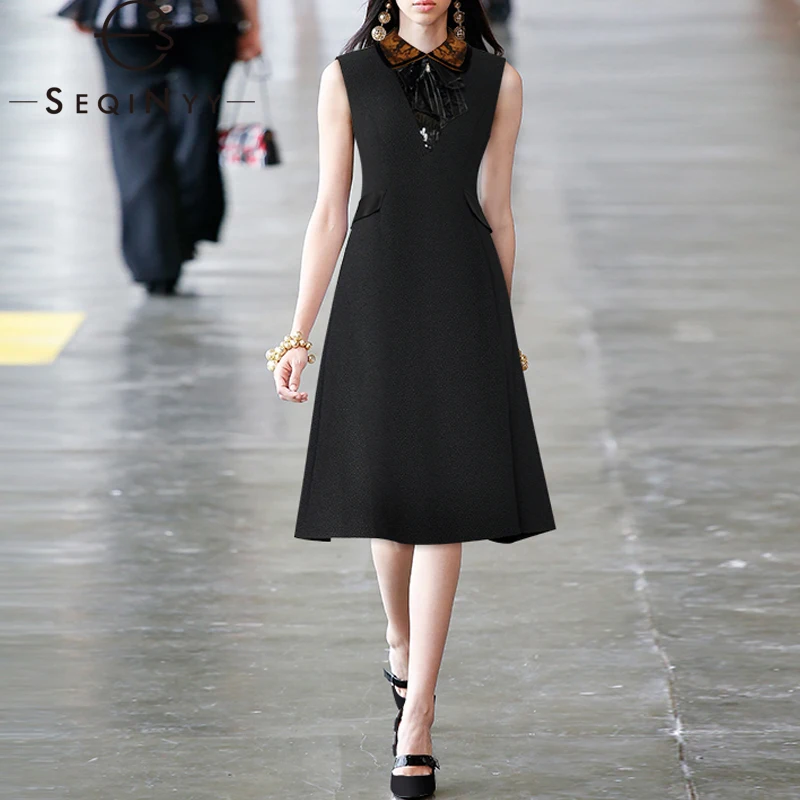 

SEQINYY Black Knee Dress Summer Spring New Fashion Design Women Runway High Quality Sequins Bow Lace Jacquard Slim Office Lady