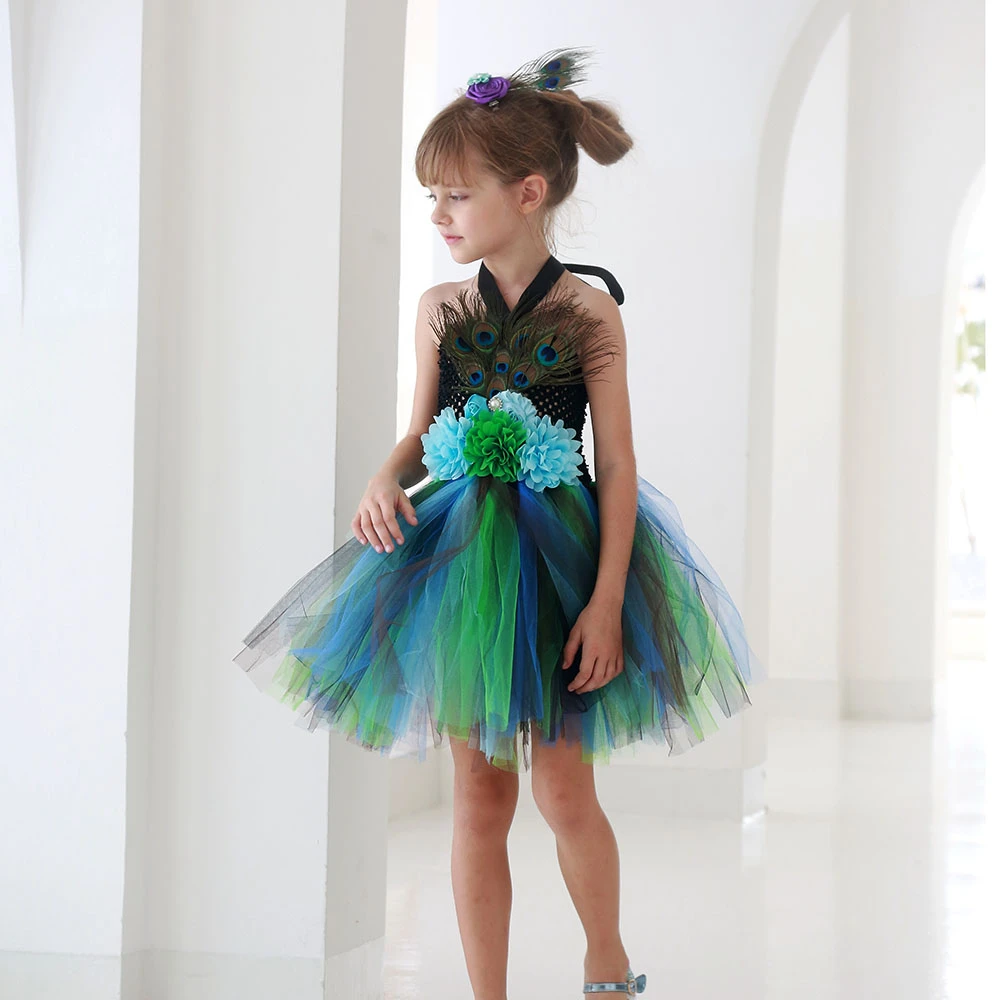 

Moeble Blue Girl Halloween Peacock Flower Party Tutu Dresses Peacock Princess Birthday Tulle Dress Kids Party Evening Dress