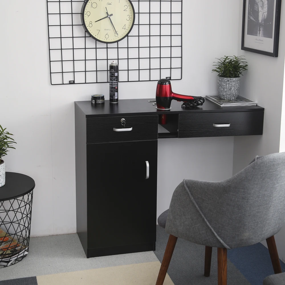 

Wall-Mounted Hairdressing Cabinet 2 Drawers 2 Locks 1 Door 3 Hair Dryer - Black Wall Mount Hair Styling Station