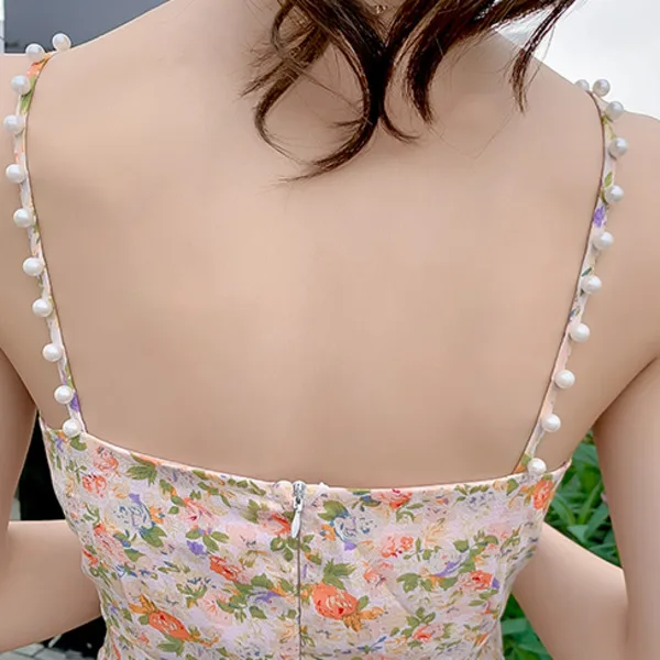 

Summer Three-layer Cake Dress Summer Floral Sling Dress 2021 New Holiday Beading High Waist Sleeveless Slim Floral Dress