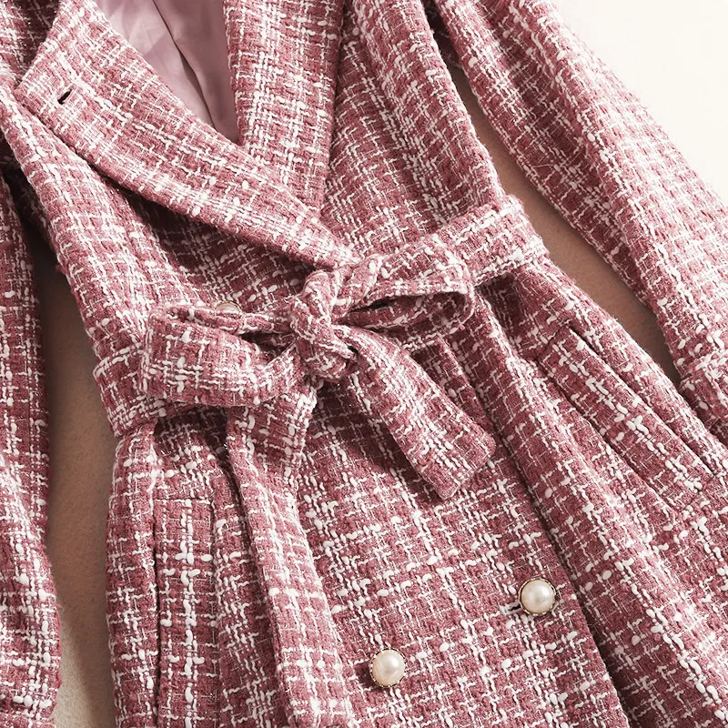 

High Quality Womens Trench Coat Fashion Plaid Double Breasted Ruffles Outerwear Female Brand Elegant Slim Fit Belt Long Coat