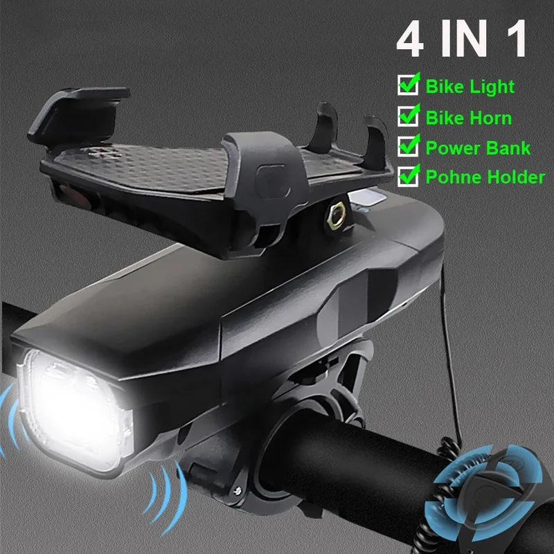 Newest 4 in 1 Bicycle Light LED Bike Front USB Rechargeable Power Bank Cycling Phone Holder Horn MTB Flashlight | Мобильные телефоны